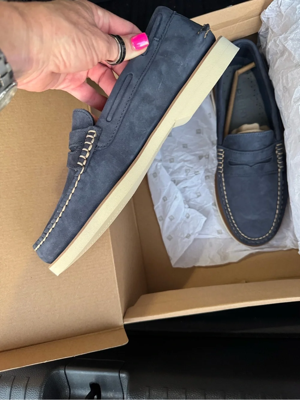 Sperry Navy Suede Penny Loafers with Contrast Stitching